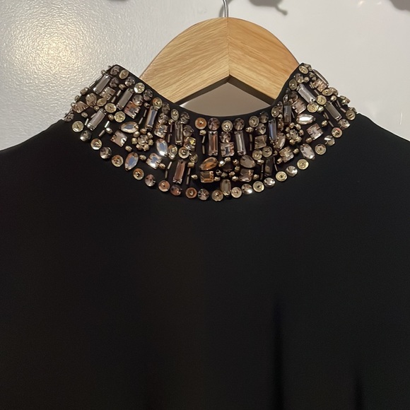 Long Elegant Black Dress with open leg, turtle neck with plastic jewels - Picture 2 of 5